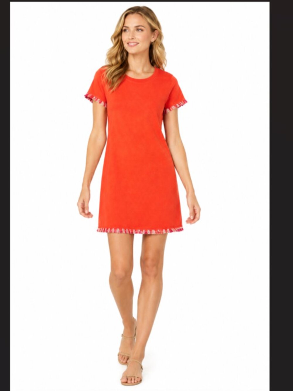 Spartina 449 Island Fringe Dress Short Sleeve Orange Pink Medium